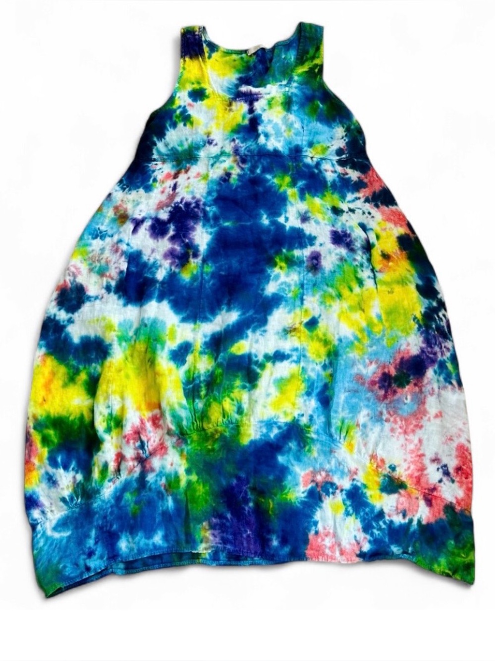 Colette Paris Artisan Tie Dye 100% Italian Linen Boutique Midi Dress Sleeveless
